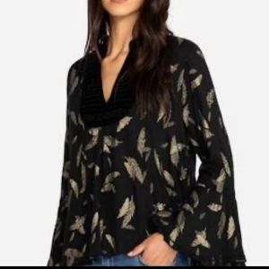Johnny W. Elegant Black Blouse, Gold Leaf Accents